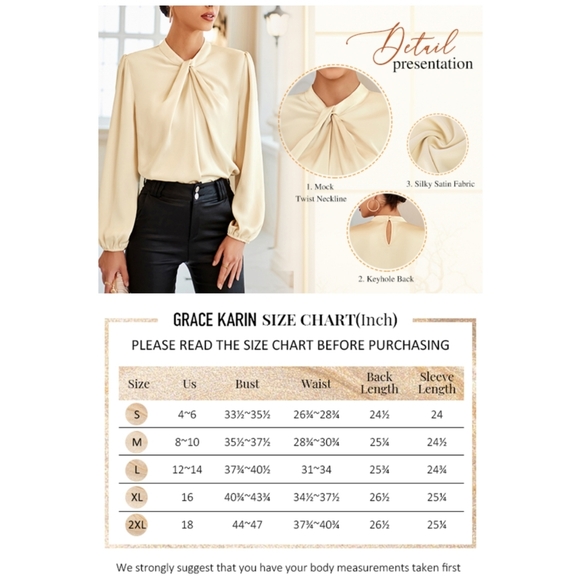 NWT Grace Karin Olive Green Satin Silk Twist Mock Long Sleeve Blouse Shirt L - Picture 9 of 11